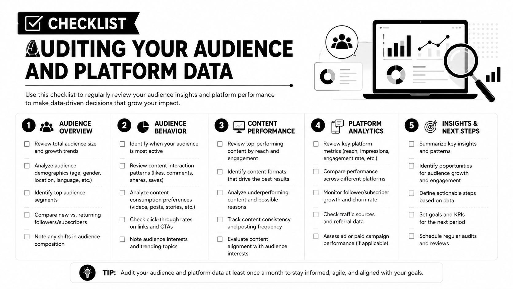 A structured checklist for auditing audience data and social media platform performance to improve growth strategy.