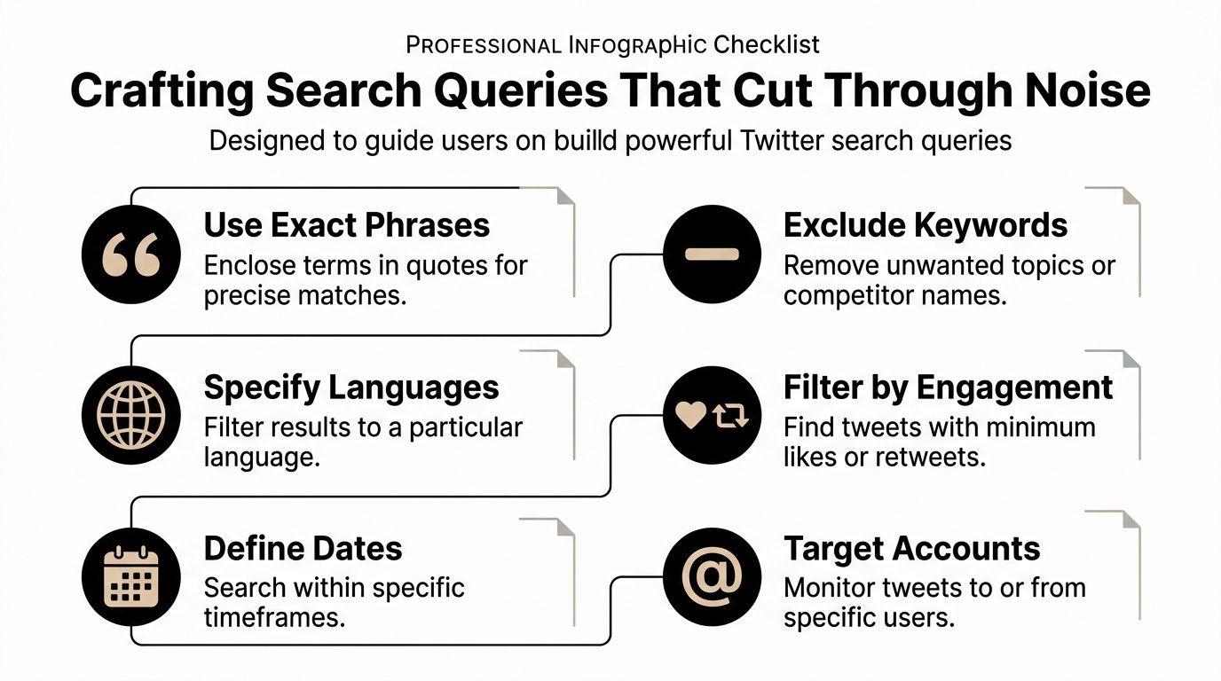 An infographic checklist showing six tips for crafting powerful and effective Twitter search queries for users.