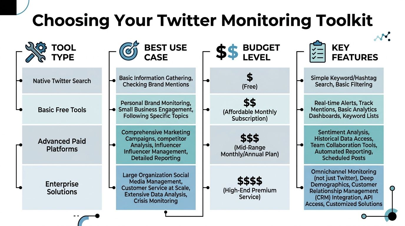 A chart comparing tool types, use cases, costs, and features for monitoring Twitter brand presence.