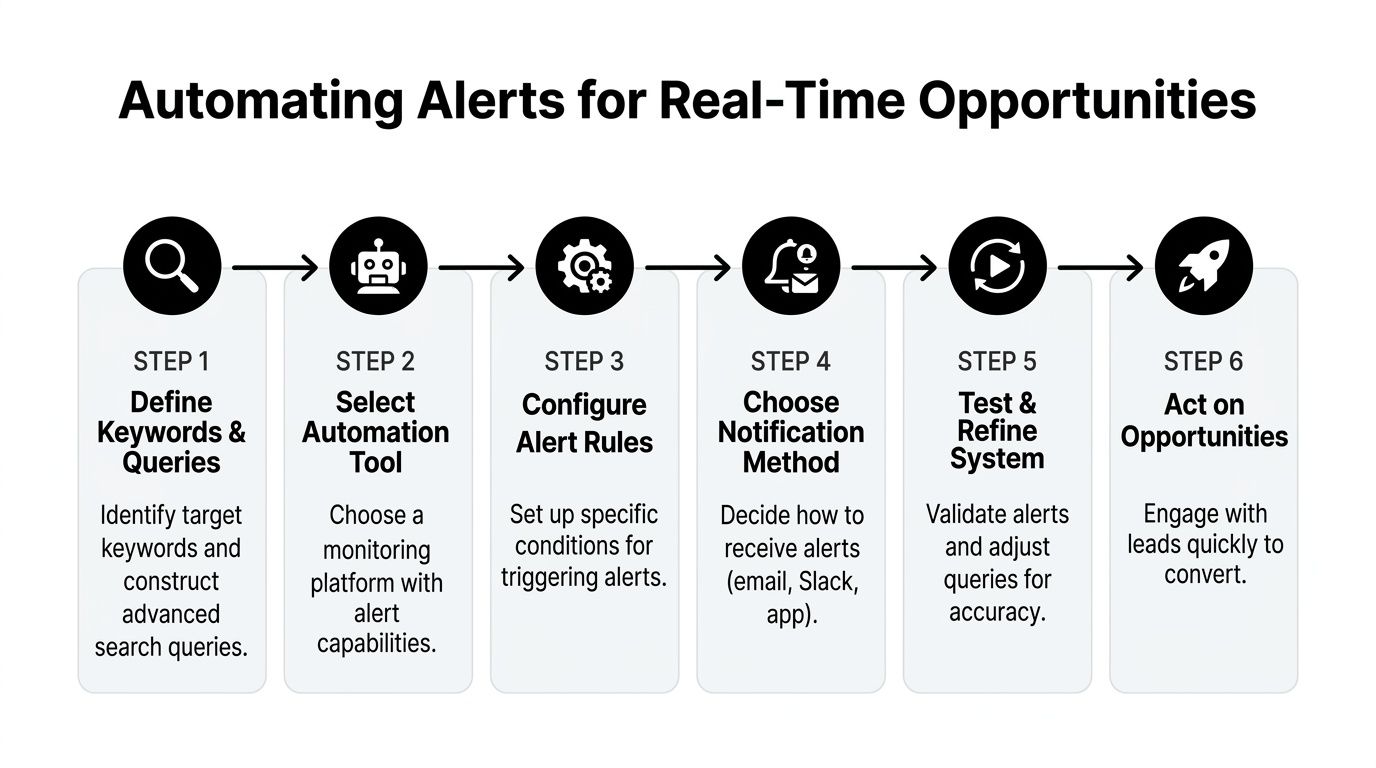 A six-step flowchart illustrating how to automate real-time keyword alerts for lead generation and business opportunities.