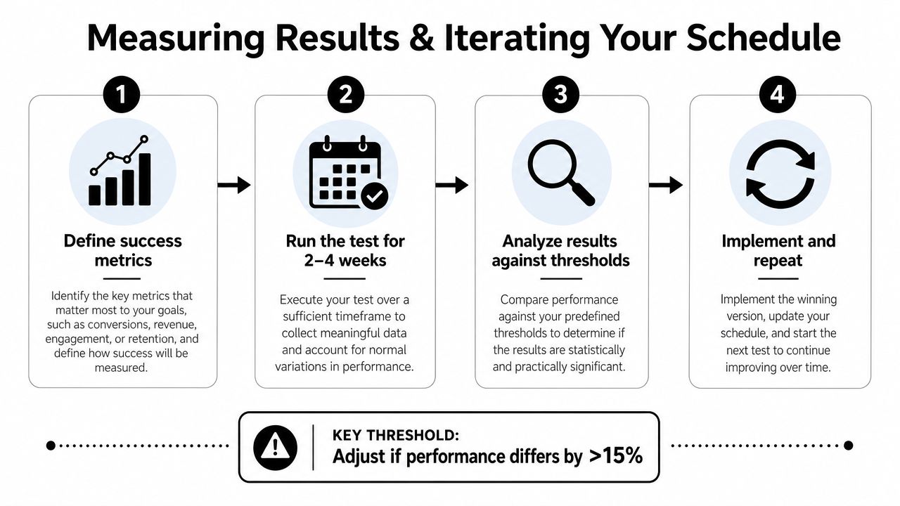A four-step infographic showing how to measure results and iterate a posting schedule for performance improvement.