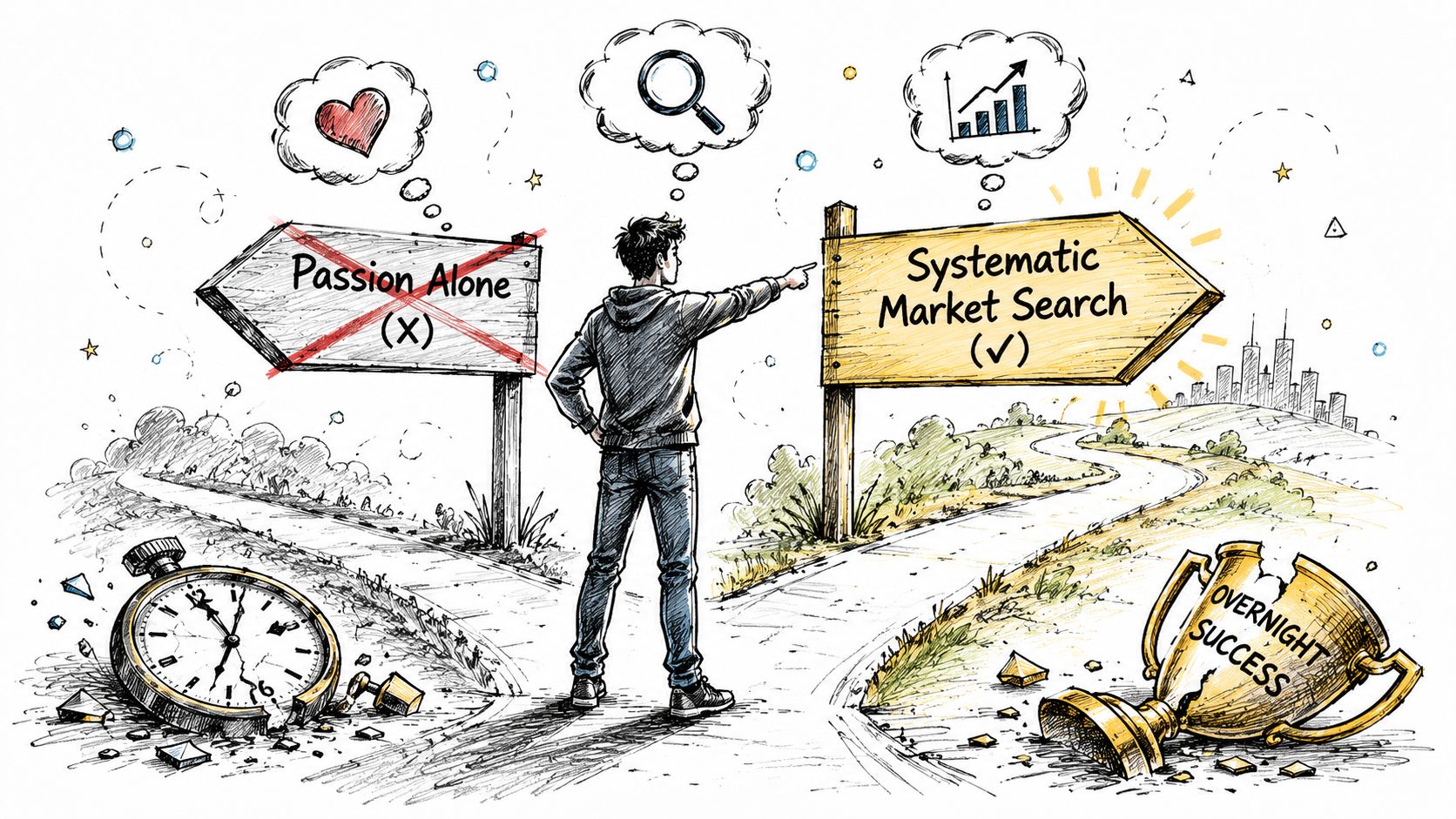 A person standing at a crossroads choosing systematic market search over passion alone for business success.