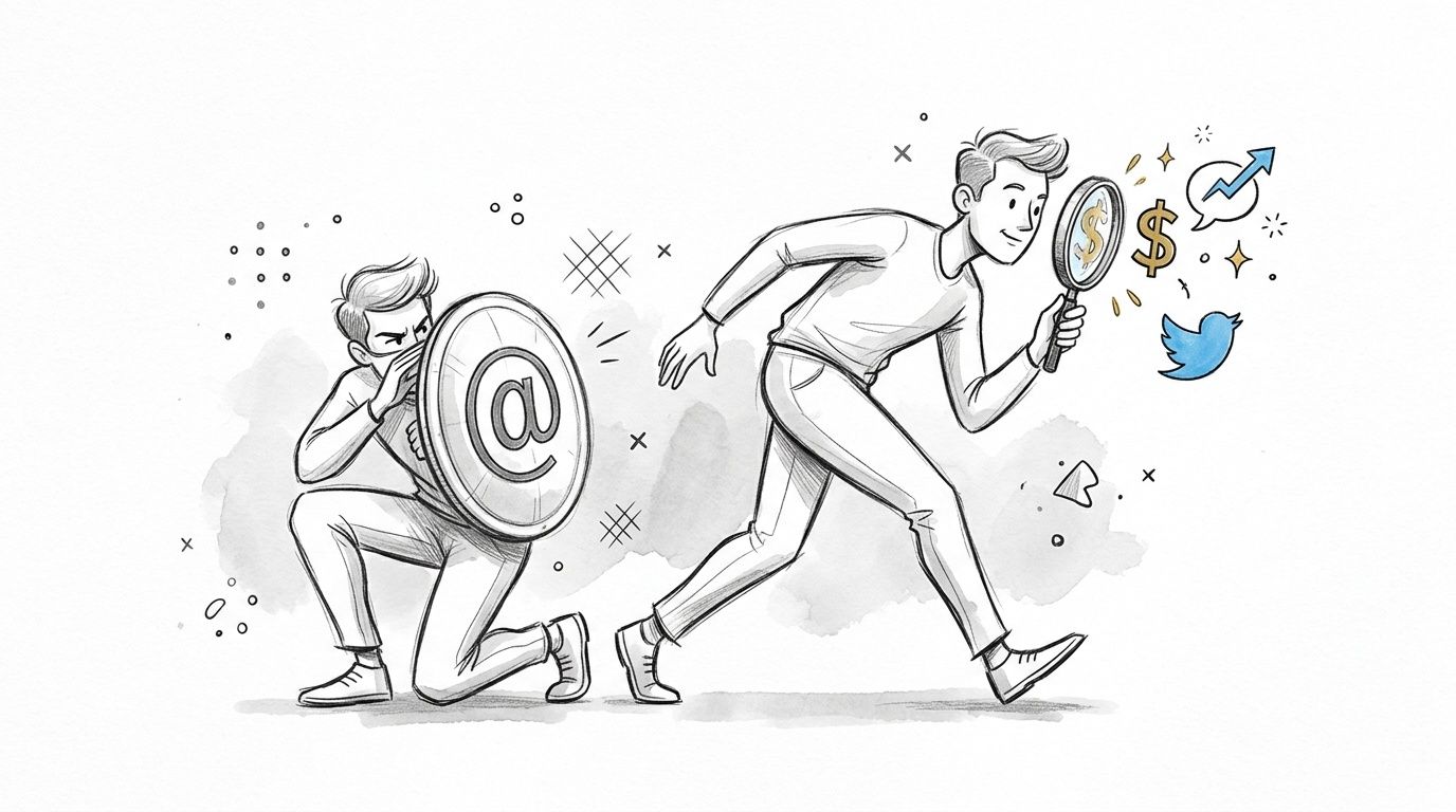 A conceptual illustration of a person investigating Twitter trends and financial symbols while a figure watches nearby.