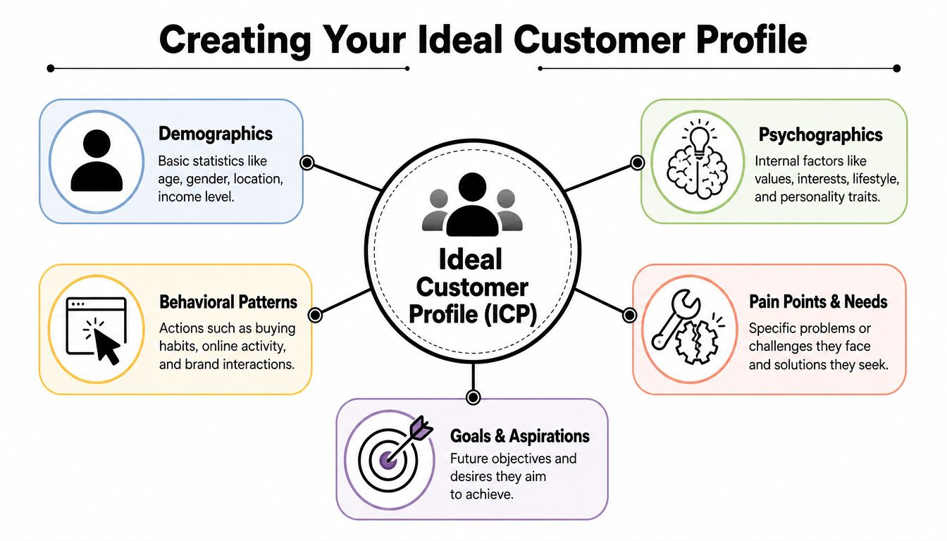 A diagram illustrating the five key components for creating an ideal customer profile for marketing strategy.