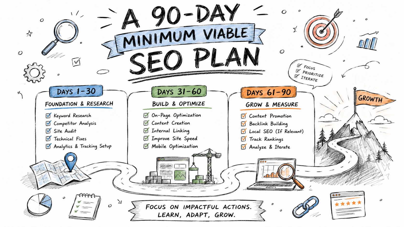 A hand-drawn illustration showing a three-phase 90-day minimum viable SEO plan from research to growth.