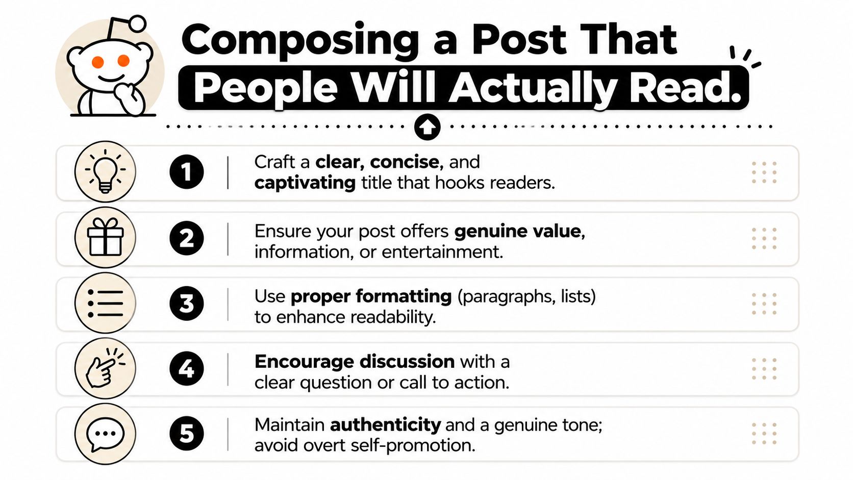 An infographic titled Composing a Post That People Will Actually Read with five tips for better Reddit posts.