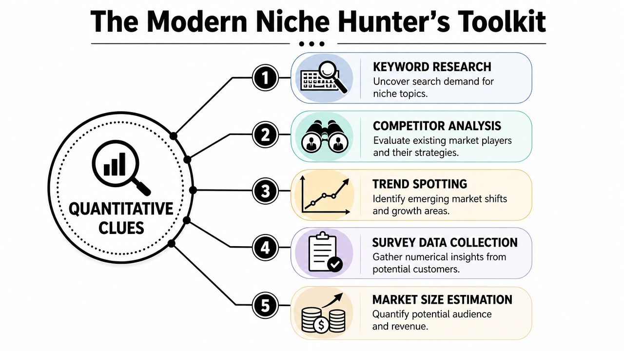 A diagram illustrating the five essential steps for conducting quantitative research to identify profitable niche markets.